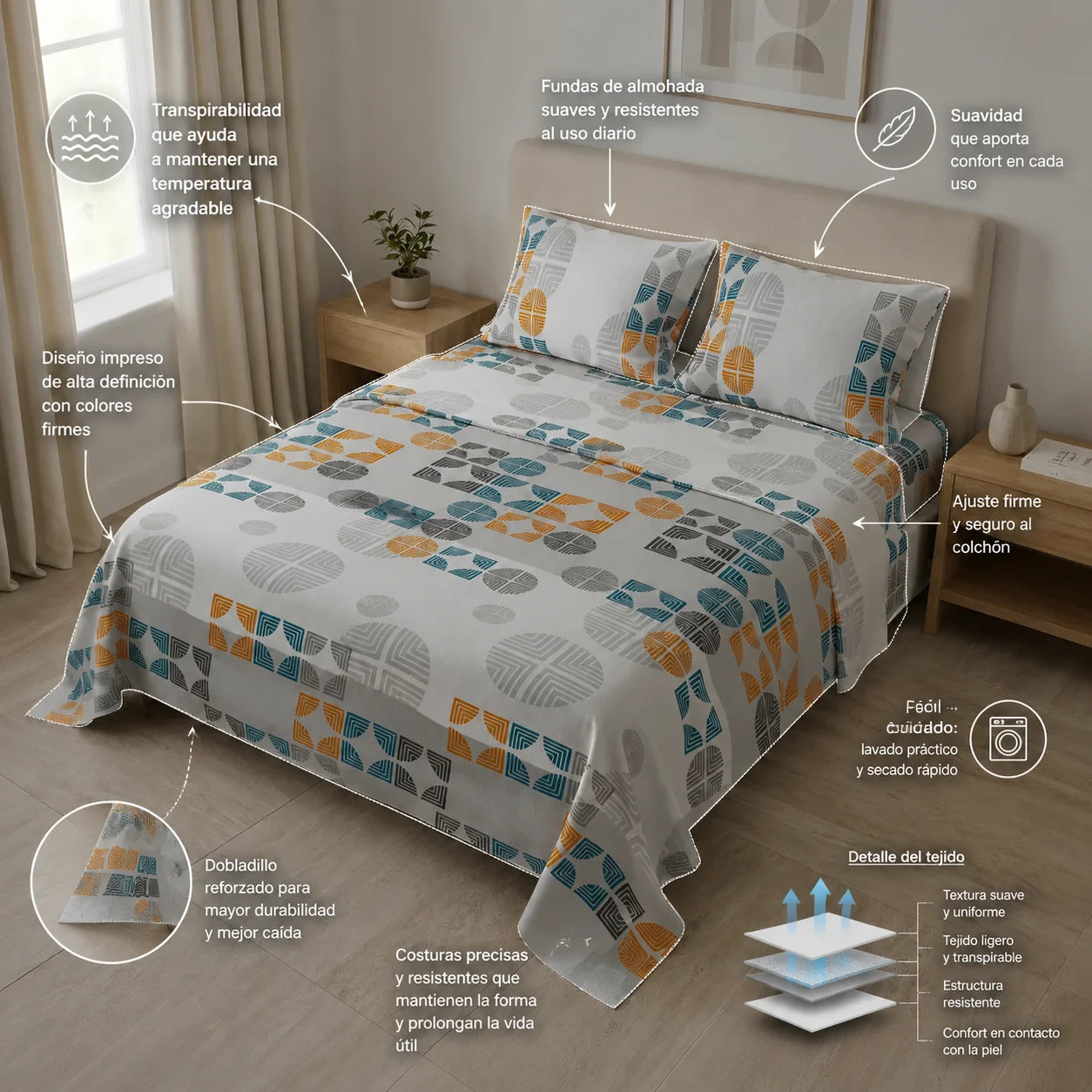 Juego De Sábanas Microfibra Suavizada Geometría Beige