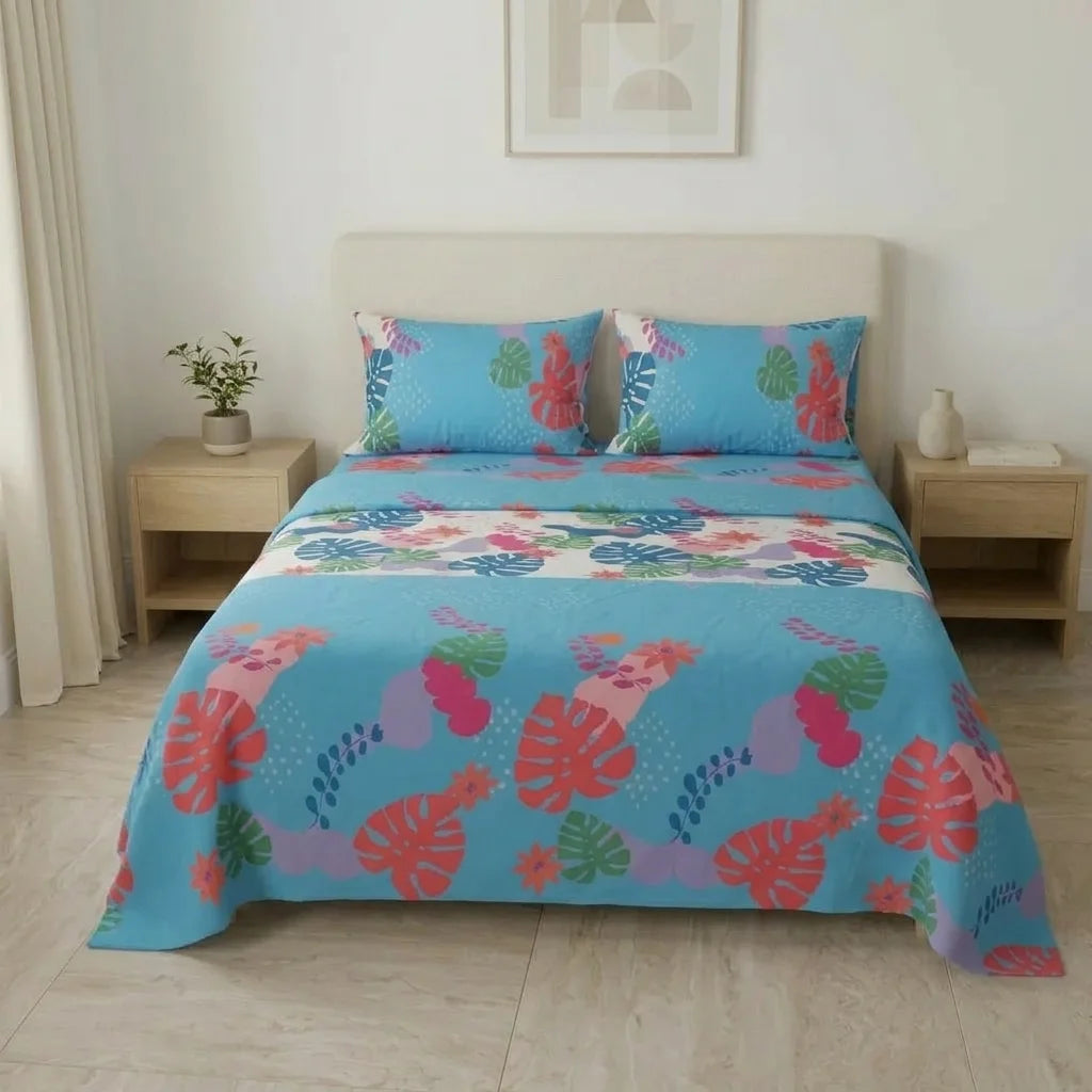 Juego De Sábanas Microfibra Suavizada Estampa Tropical Azul