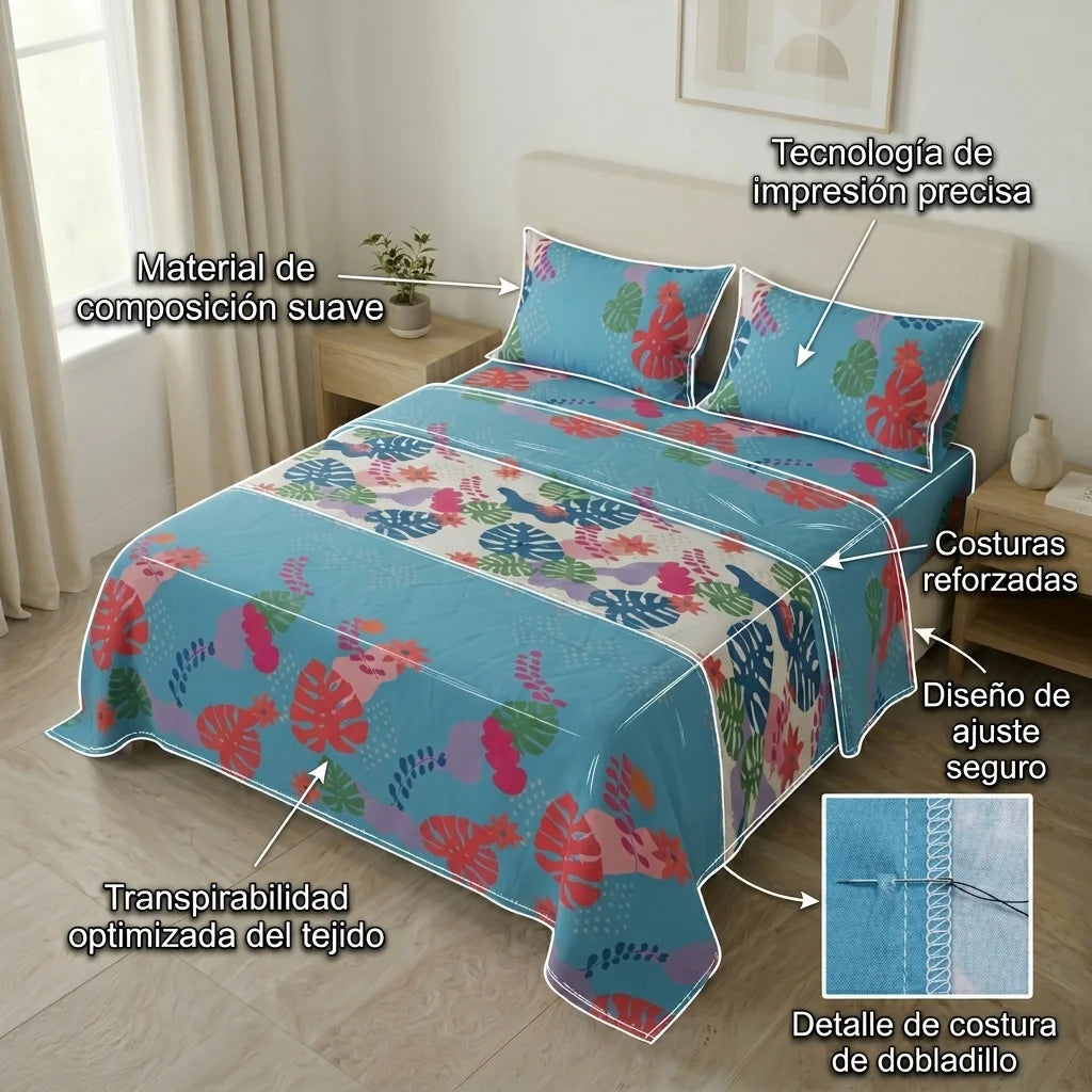 Juego De Sábanas Microfibra Suavizada Estampa Tropical Azul