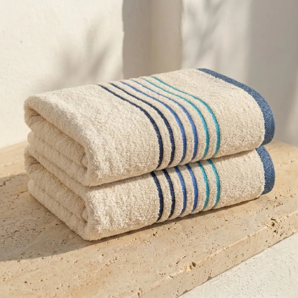 Toalla Mediterráneo Beige Con Linea Azul Oscuro  550 Gr