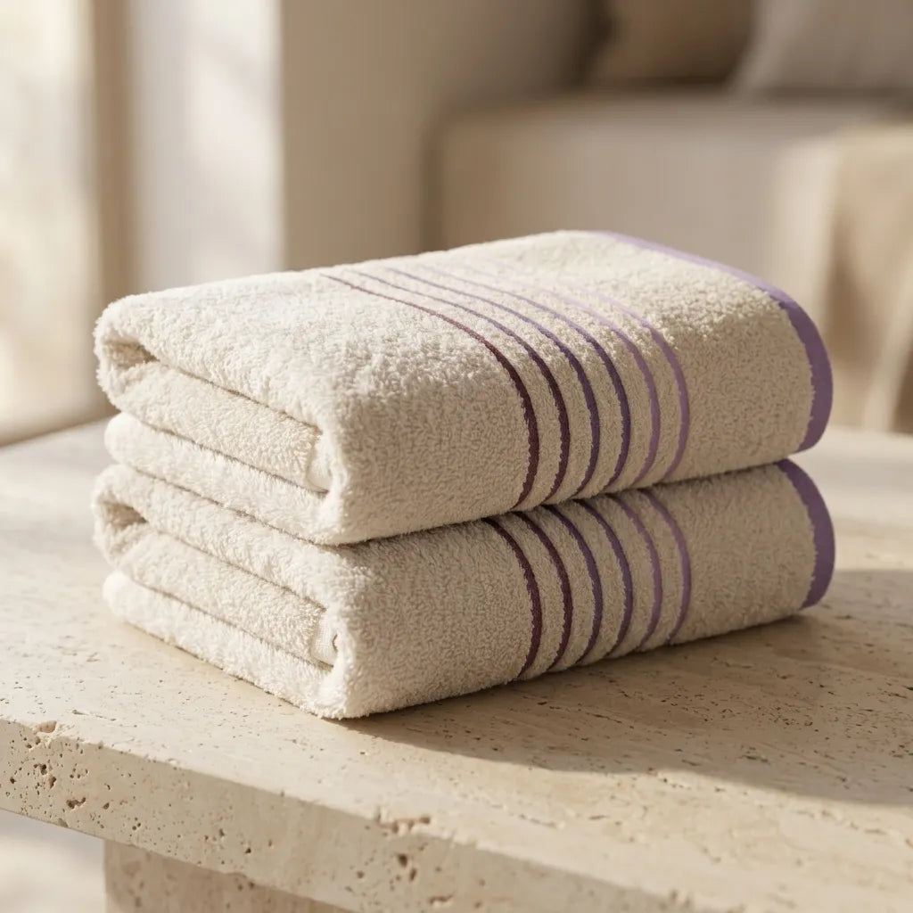 Toalla Mediterráneo Beige Con Linea Morado  550 Gr