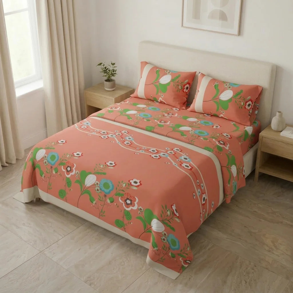 Juego De Sábanas Microfibra Suavizada Floralia Coral