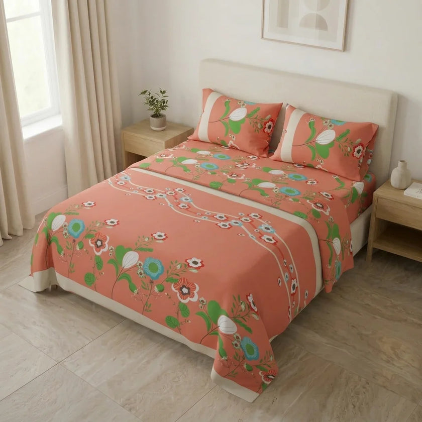 Juego De Sábanas Microfibra Suavizada Floralia Coral