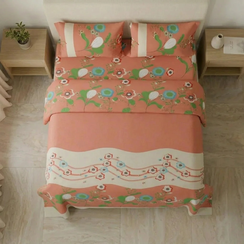 Juego De Sábanas Microfibra Suavizada Floralia Coral