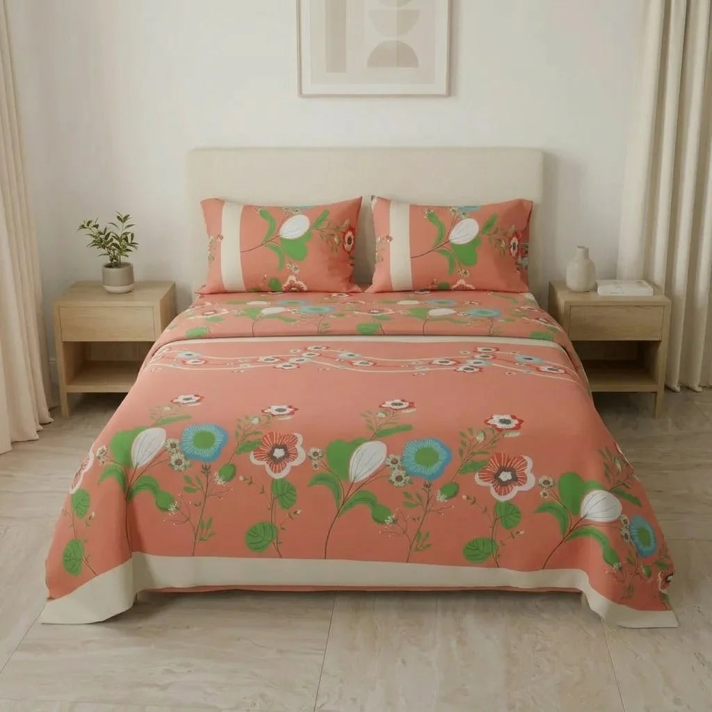 Juego De Sábanas Microfibra Suavizada Floralia Coral