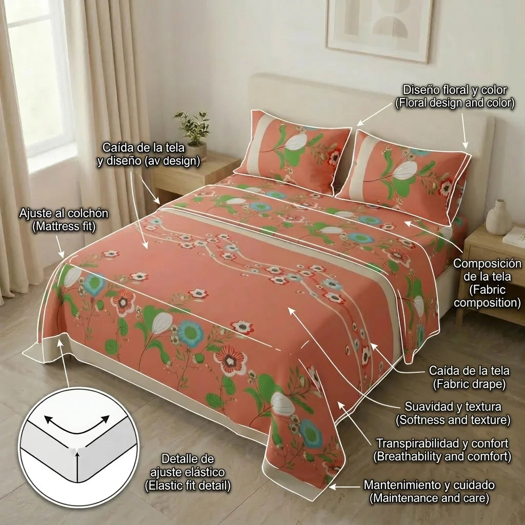 Juego De Sábanas Microfibra Suavizada Floralia Coral