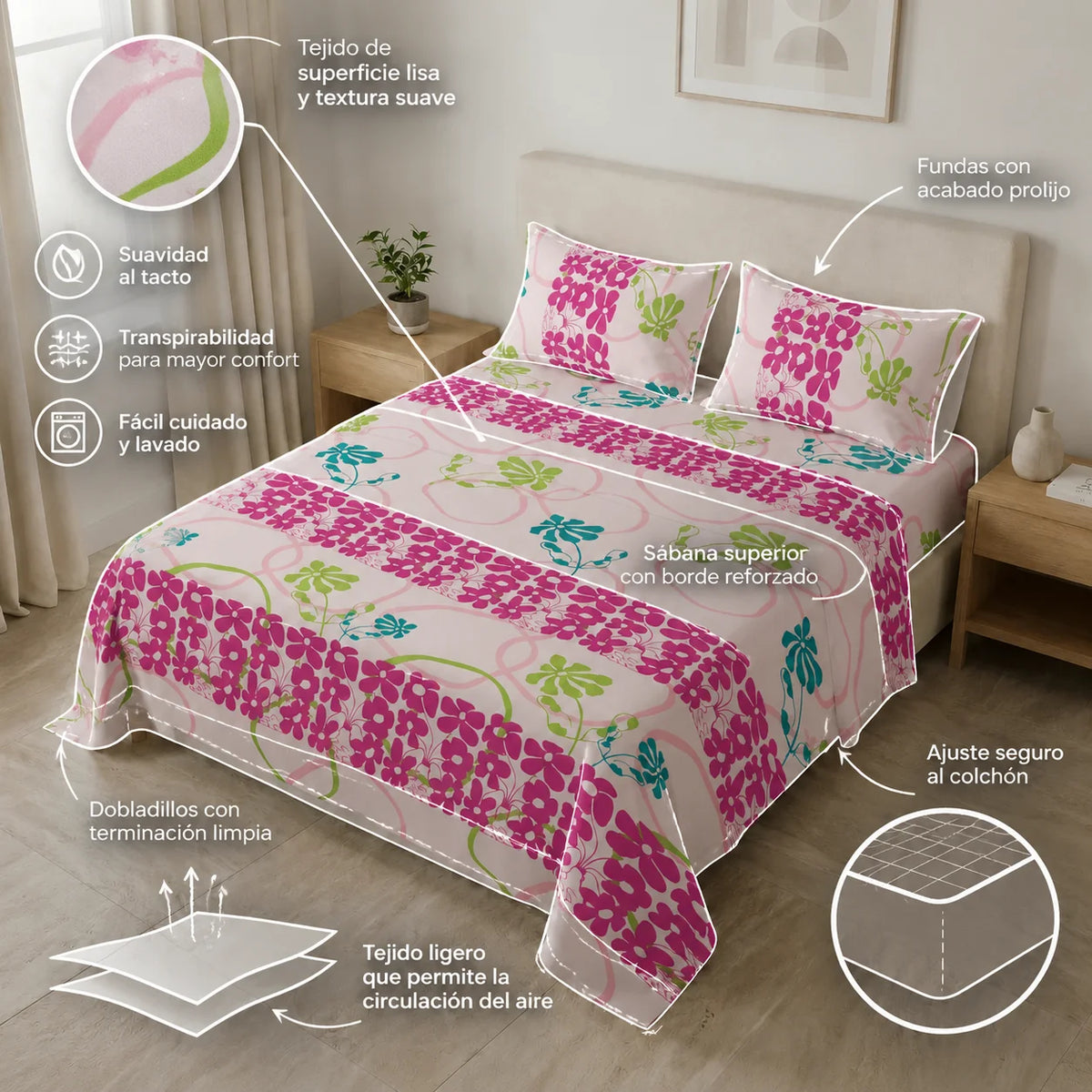 Juego De Sábanas Microfibra Suavizada Petalia Fucsia