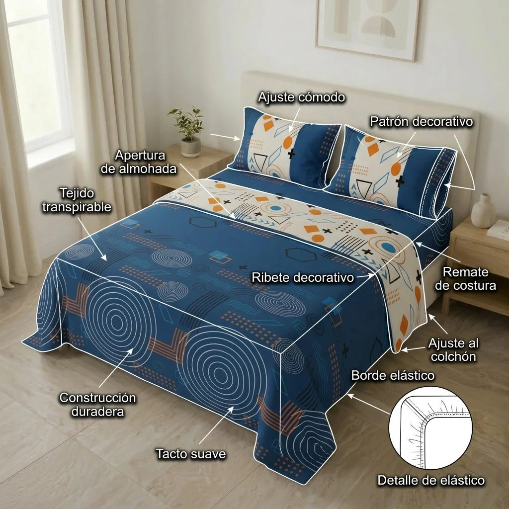 Juego De Sábanas Microfibra Suavizada Fusión Moderna Azul