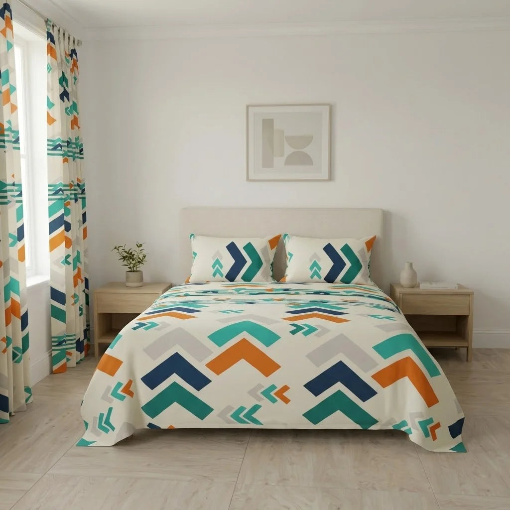 Juego De Sábanas Con Cortinas Esencia Acua Colorida