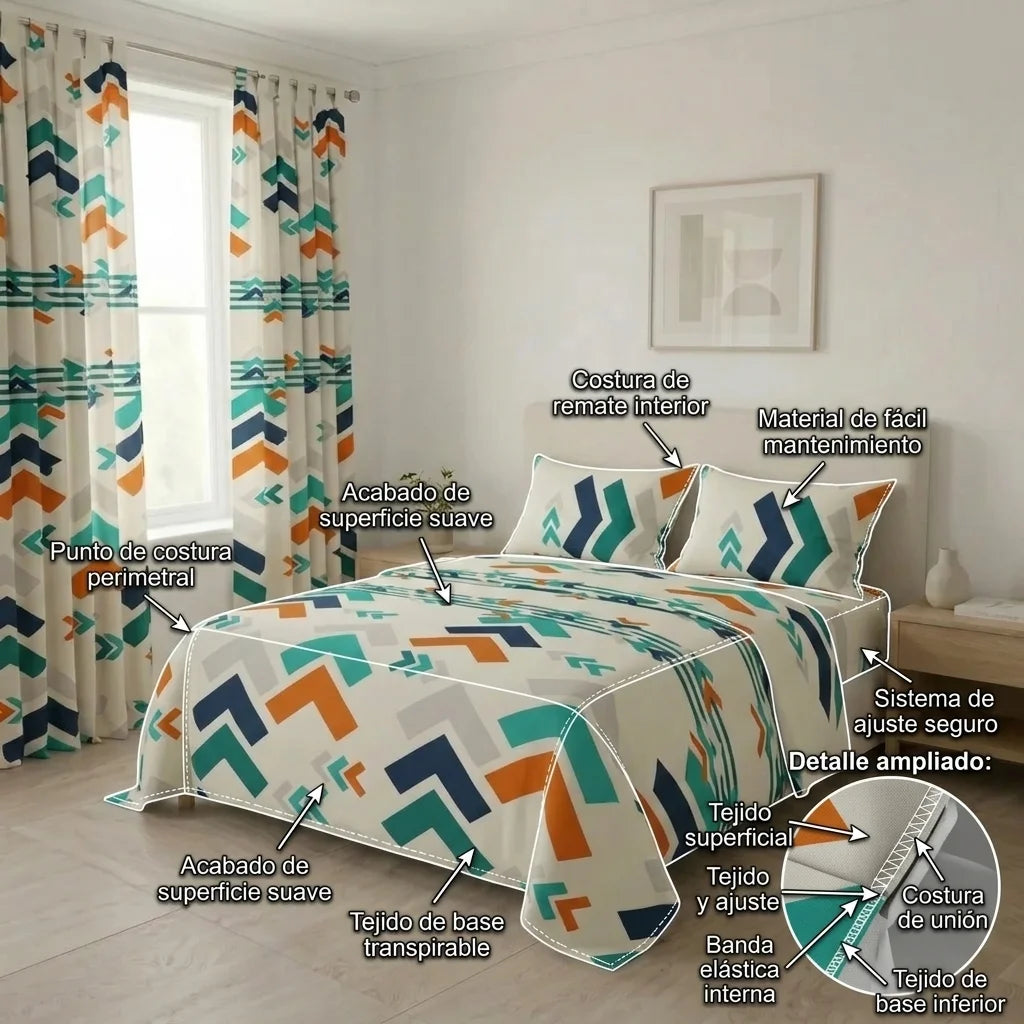 Juego De Sábanas Con Cortinas Esencia Acua Colorida