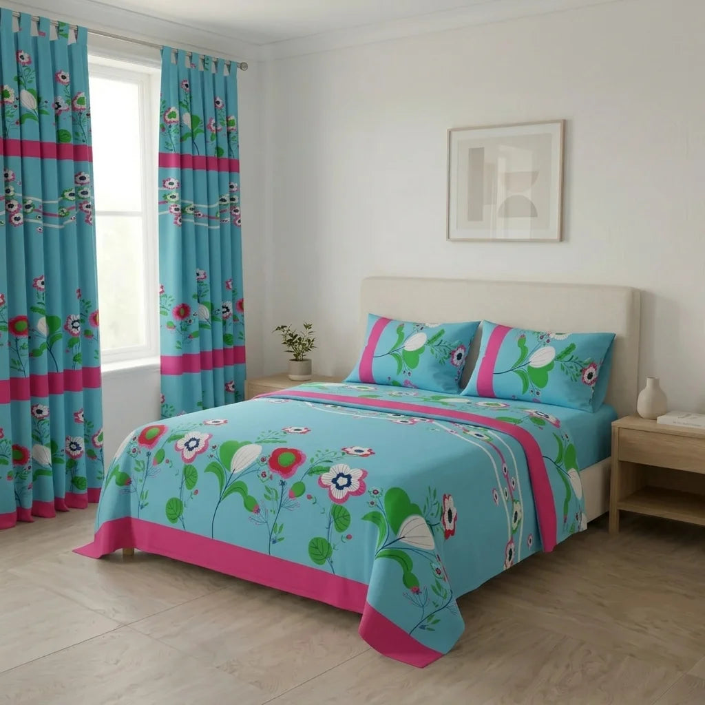 Juego De Sábanas Con Cortinas Floralia Coral Azul