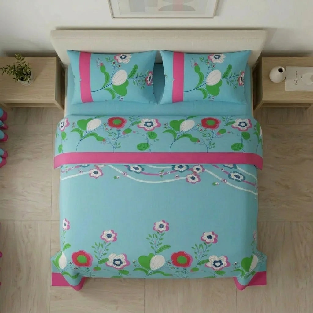 Juego De Sábanas Con Cortinas Floralia Coral Azul
