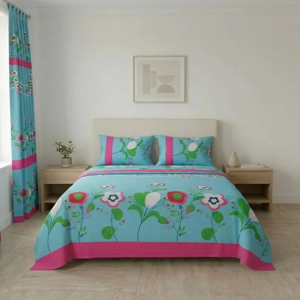 Juego De Sábanas Con Cortinas Floralia Coral Azul