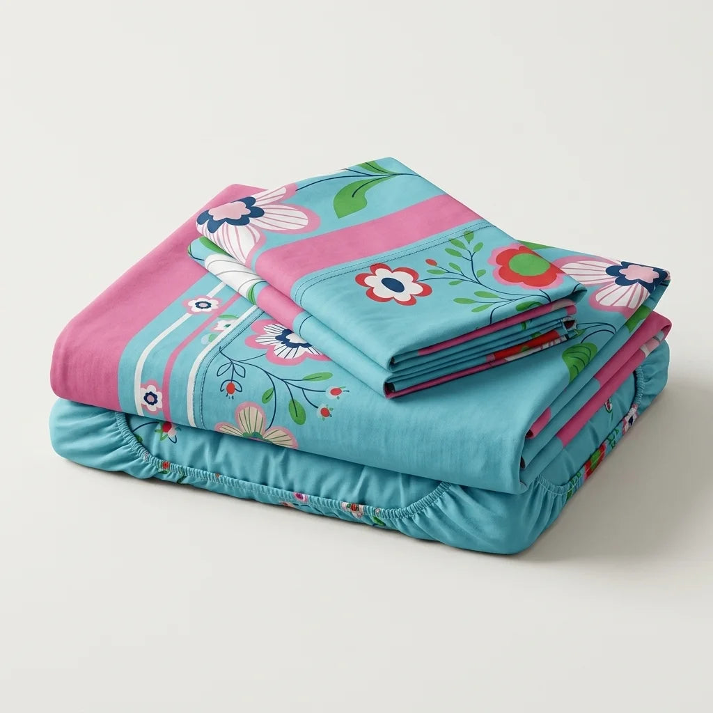 Juego De Sábanas Con Cortinas Floralia Coral Azul