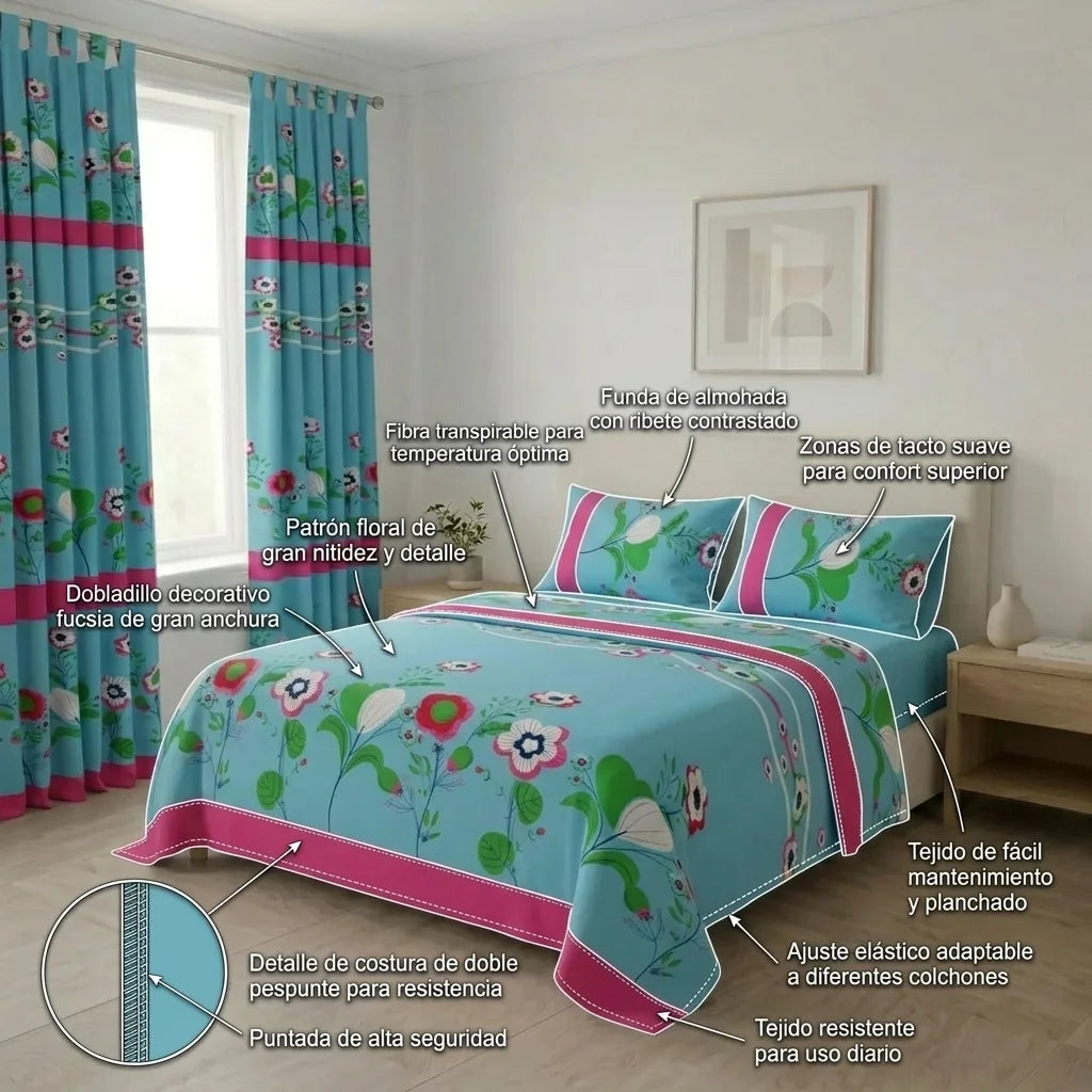 Juego De Sábanas Con Cortinas Floralia Coral Azul