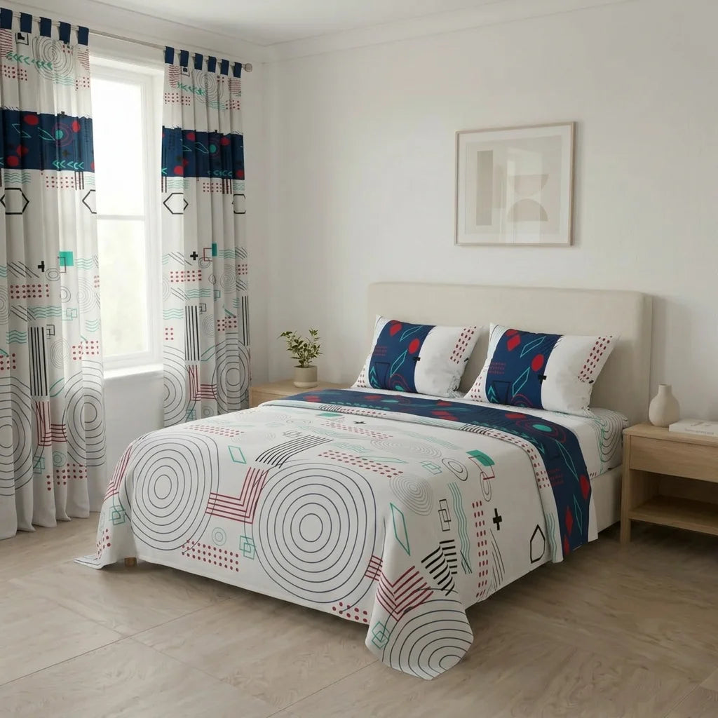 Juego De Sábanas Con Cortinas Fusión Moderna Blanca