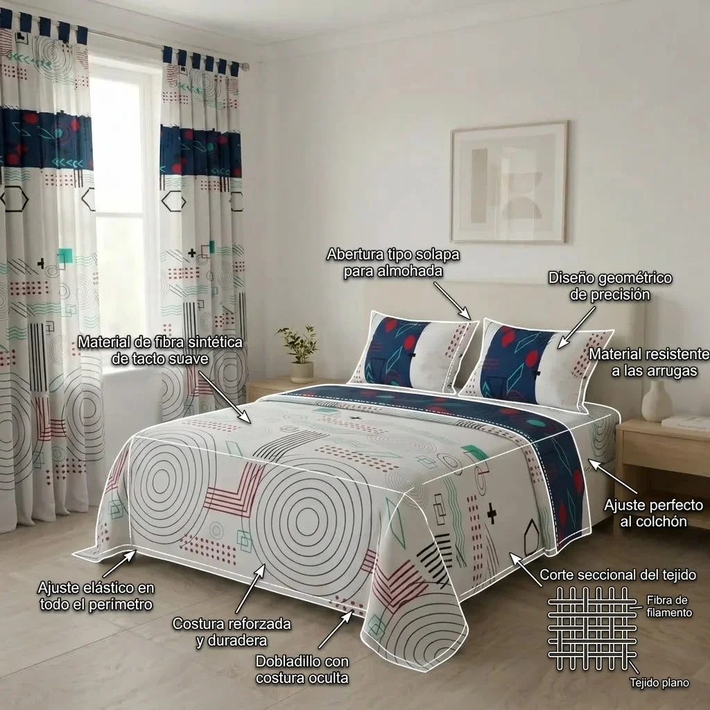 Juego De Sábanas Con Cortinas Fusión Moderna Blanca