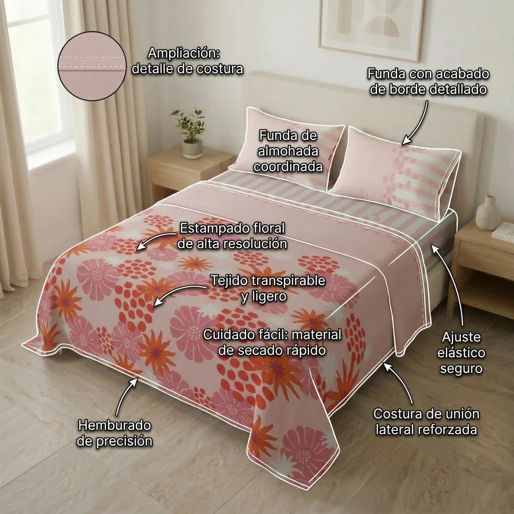 Juego De Sábanas Microfibra Suavizada Petalias Rosa