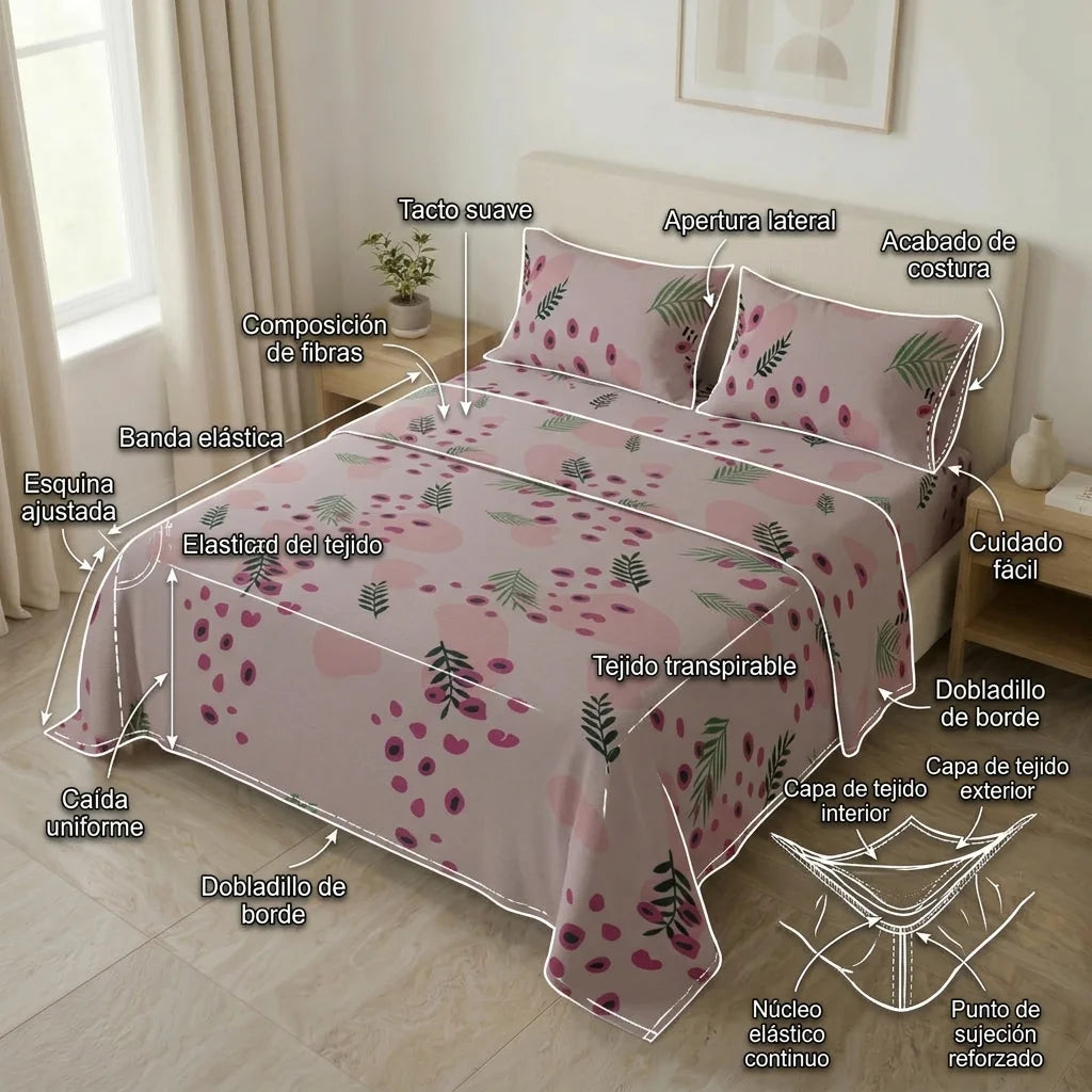 Juego De Sábanas Microfibra Suavizada Jardín Botánico Rosa