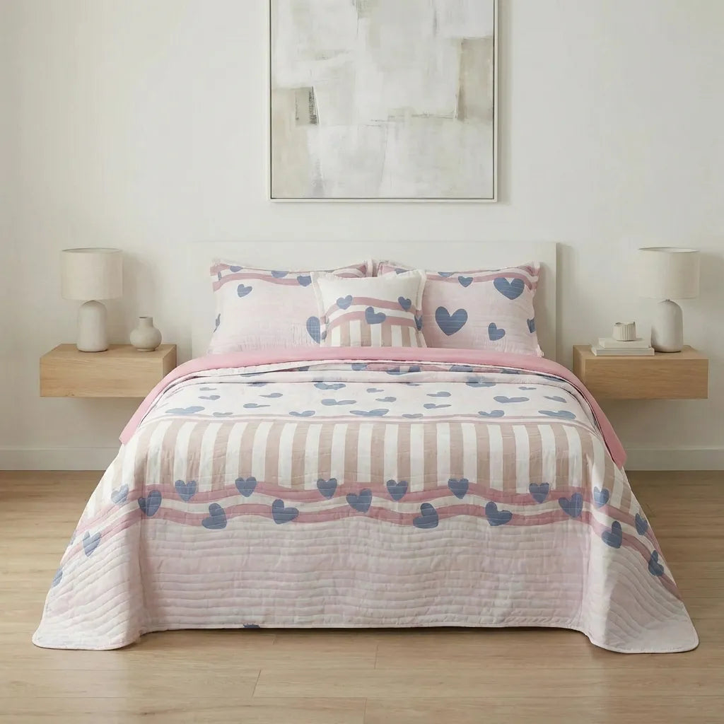 Cubrelecho Estampado Prensado Doble Faz  Petalias Rosa
