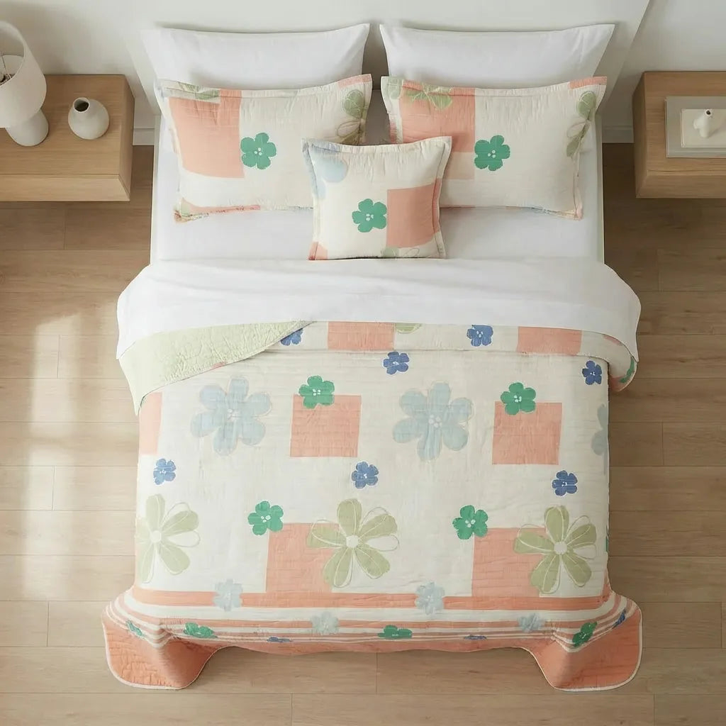 Cubrelecho Estampado Prensado Doble Faz Rosella Floral Salmon