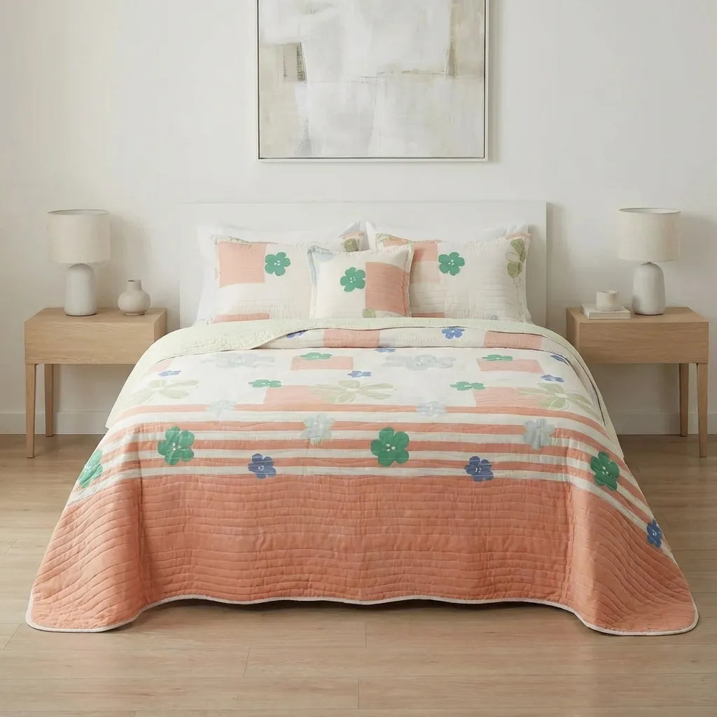 Cubrelecho Estampado Prensado Doble Faz Rosella Floral Salmon