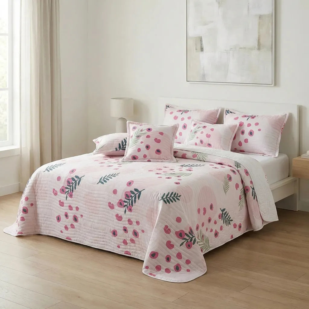 Cubrelecho Estampado Prensado Doble Faz Entre Océano Floreciente