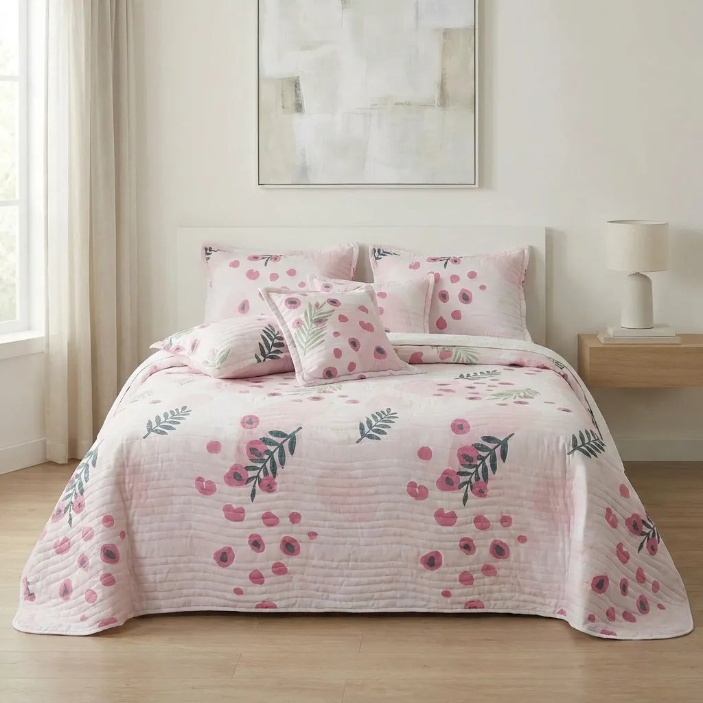 Cubrelecho Estampado Prensado Doble Faz Entre Océano Floreciente
