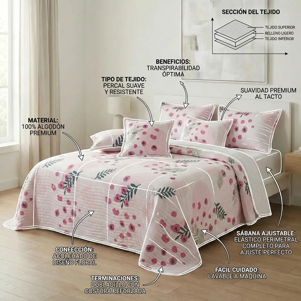 Cubrelecho Estampado Prensado Doble Faz Entre Océano Floreciente