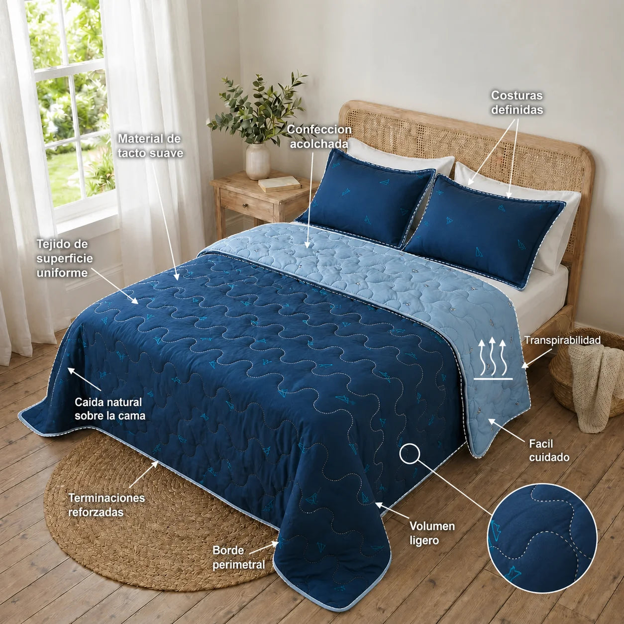 Cubrelecho Acolchado  Cotton Sense Blue Origami