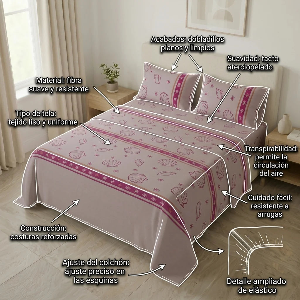 Juego De Sábanas Microfibra Suavizada Coral Marino Rosa