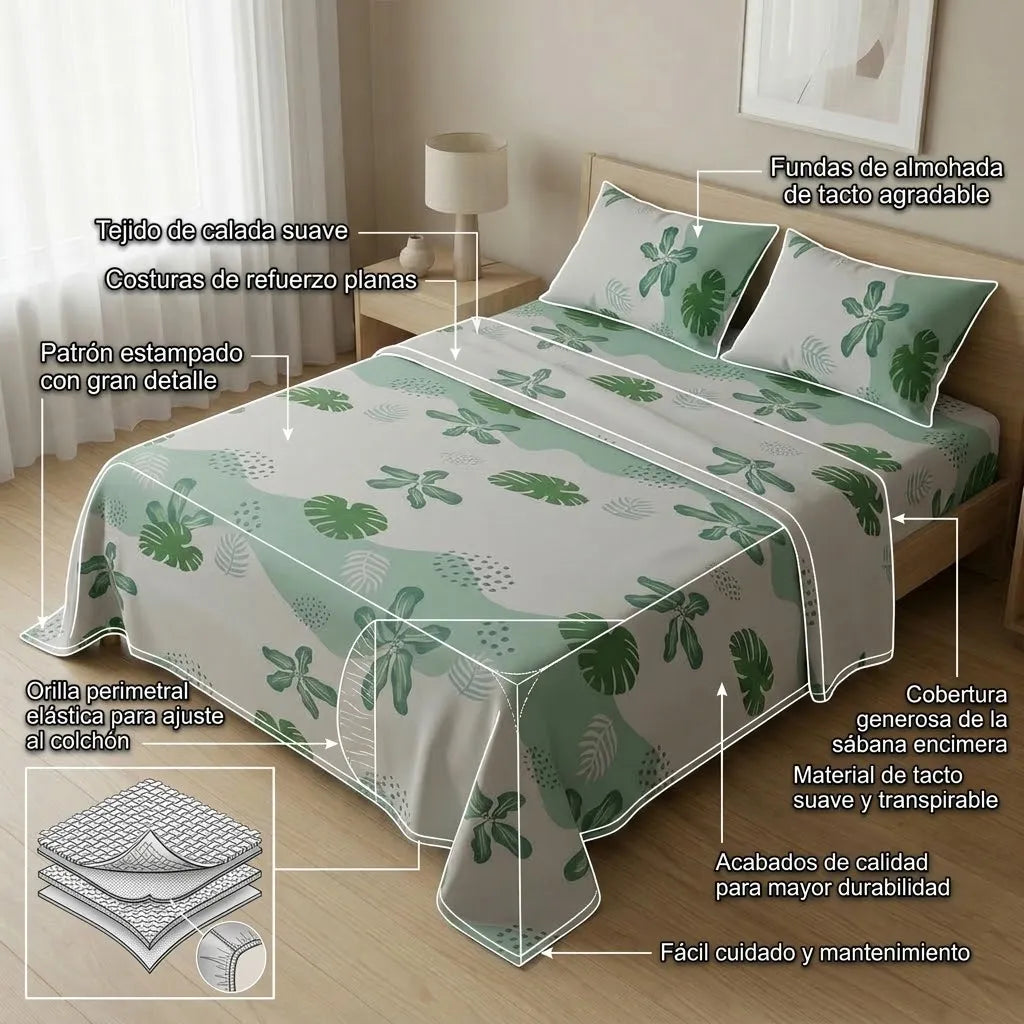 Juego De Sábanas 180 Hilos Océano Costero Verde
