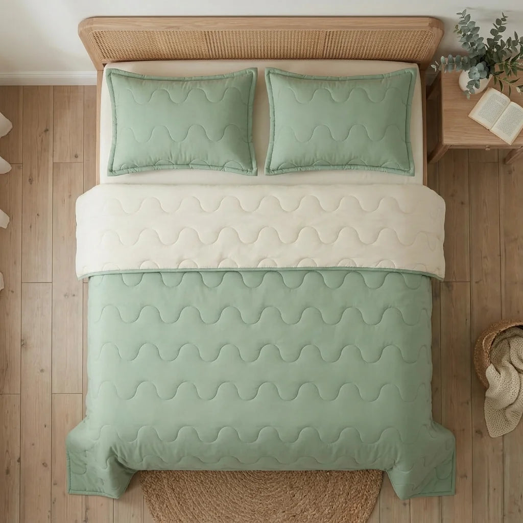 Cubrelecho Acolchado Cotton Sense Solo Fondo Verde -Beige