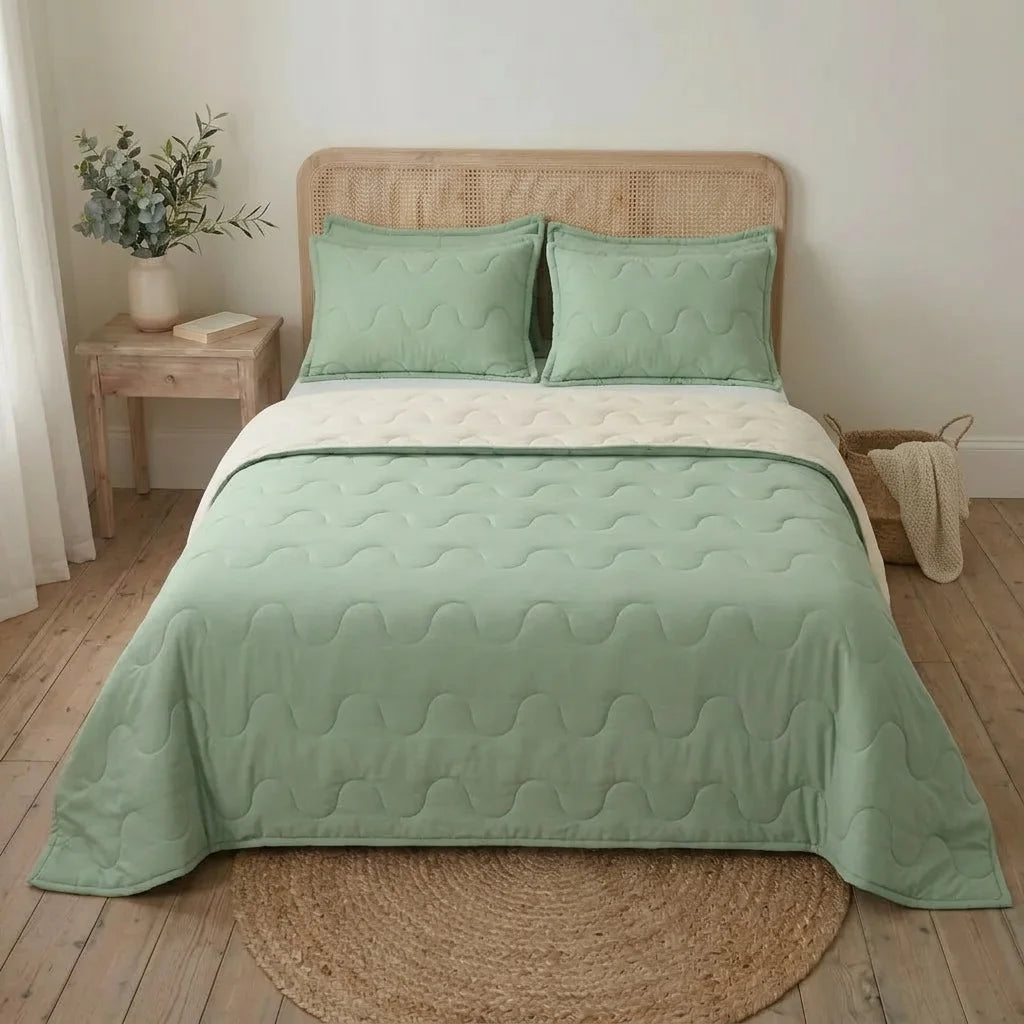 Cubrelecho Acolchado Cotton Sense Solo Fondo Verde -Beige