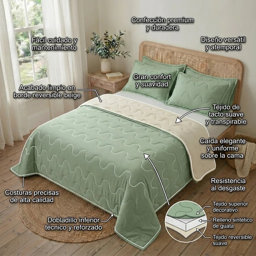 Cubrelecho Acolchado Cotton Sense Solo Fondo Verde -Beige
