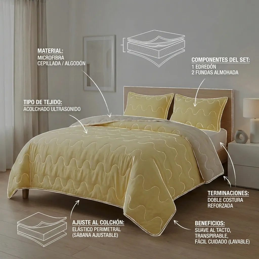 Cubrelecho Acolchado Cotton Sense Solo Fondo Amarillo -Beige