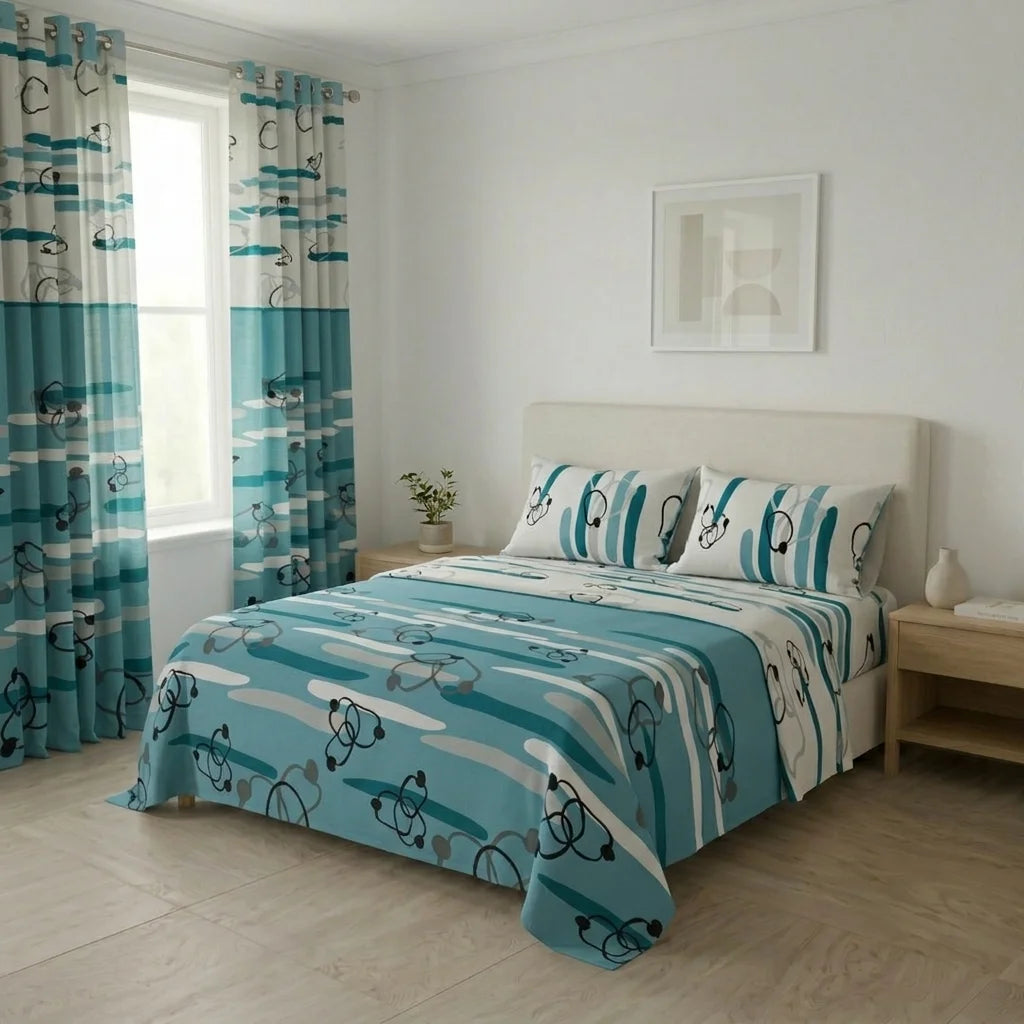 Juego De Sábanas Con Cortinas  Líneas De Océano