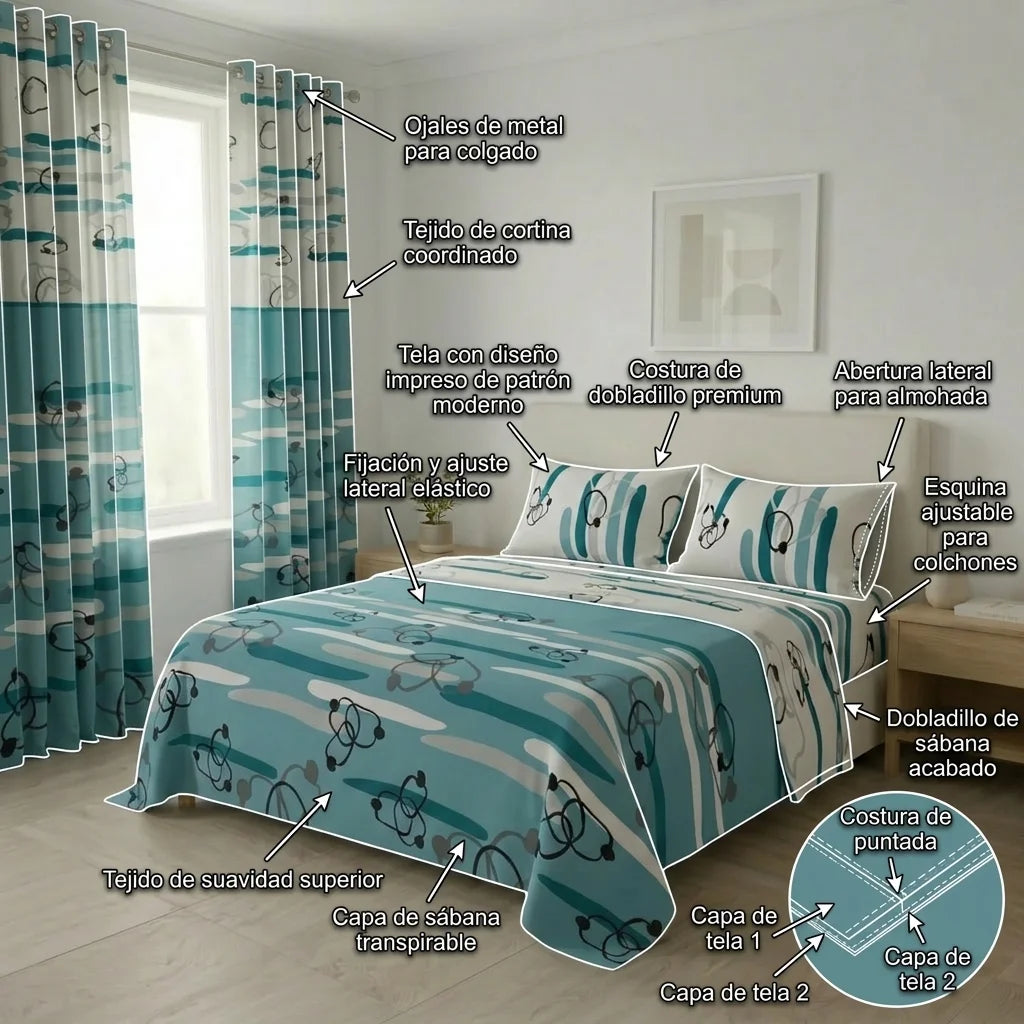 Juego De Sábanas Con Cortinas  Líneas De Océano