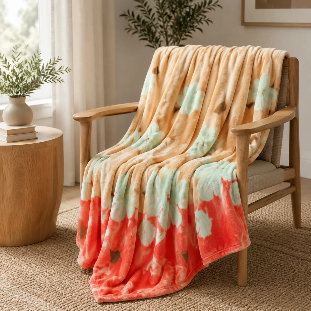 Cobija Piel De Durazno Estampada Bosque Salmon
