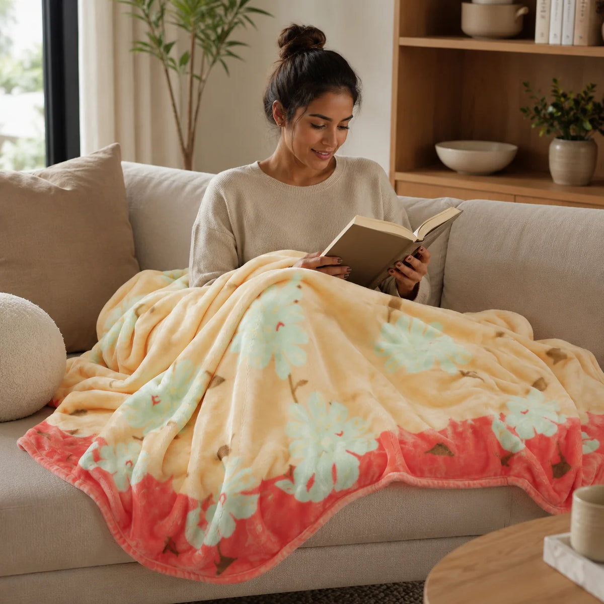 Cobija Piel De Durazno Estampada Bosque Salmon