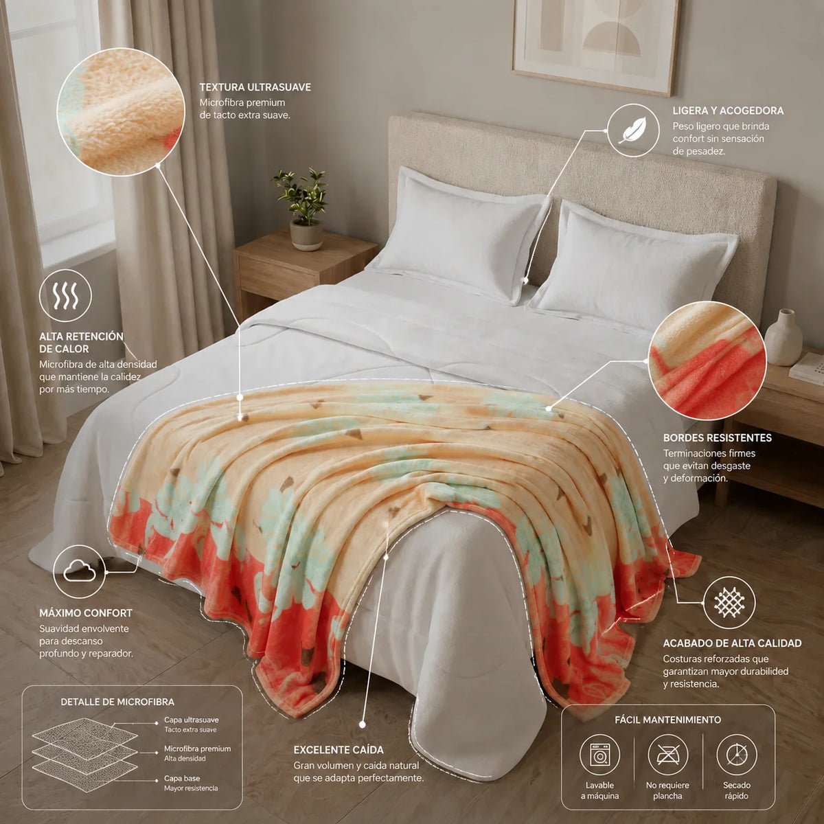 Cobija Piel De Durazno Estampada Bosque Salmon