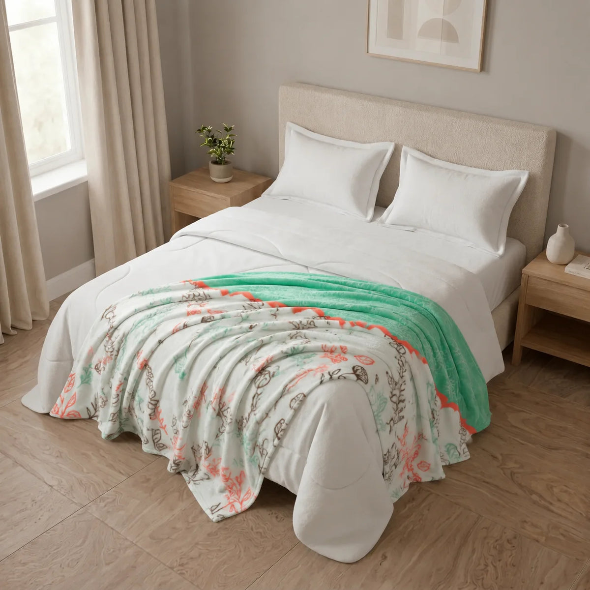 Cobija Piel De Durazno Estampada Hojas De Verano
