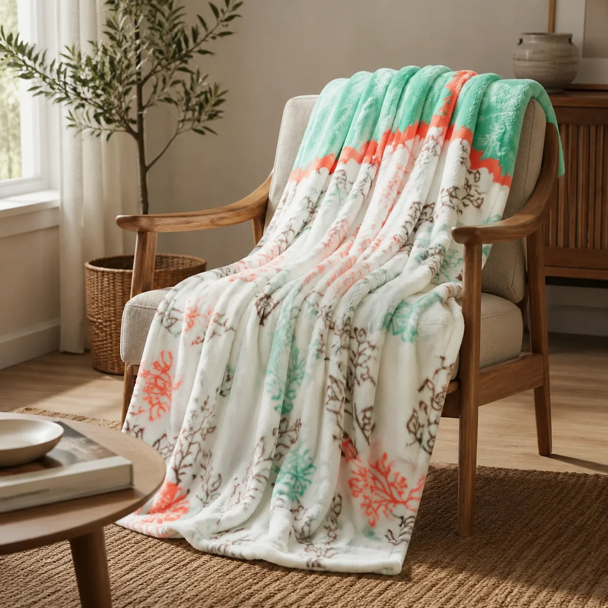 Cobija Piel De Durazno Estampada Hojas De Verano