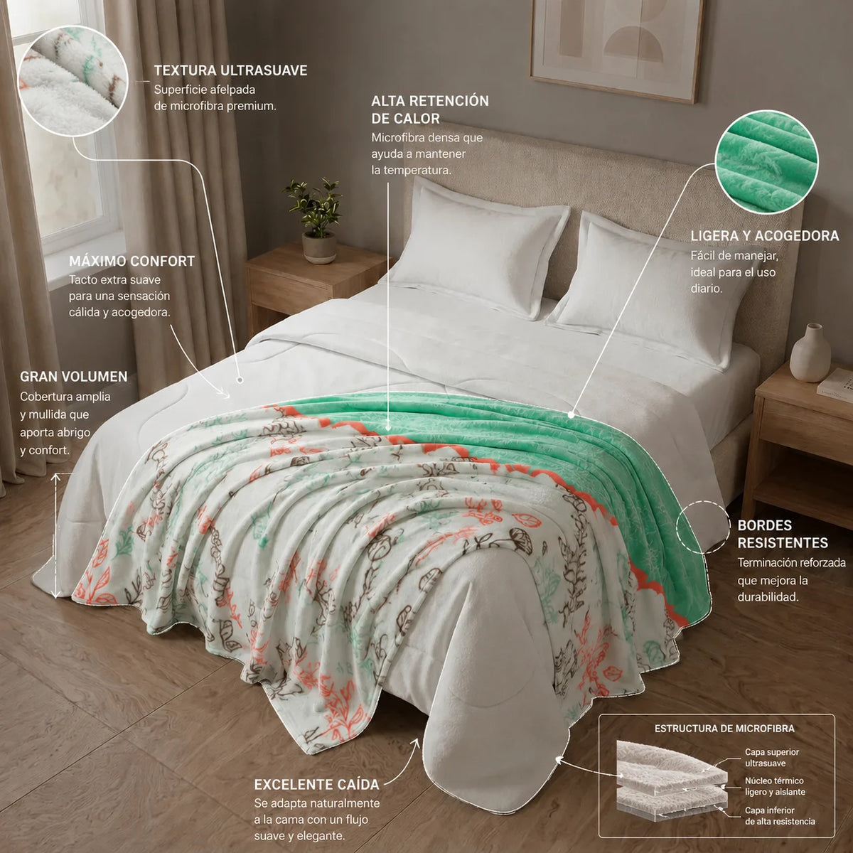 Cobija Piel De Durazno Estampada Hojas De Verano