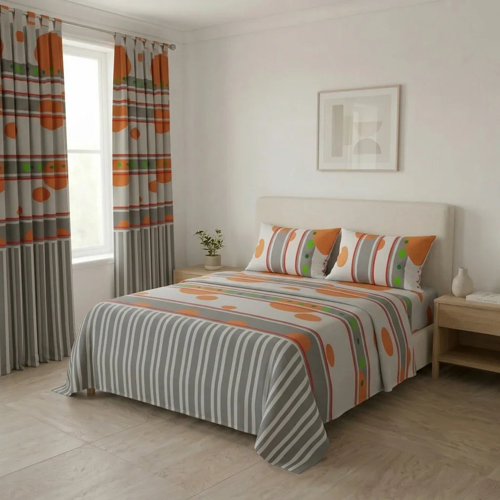 Juego De Sábanas Con Cortinas  Esfera Naranja