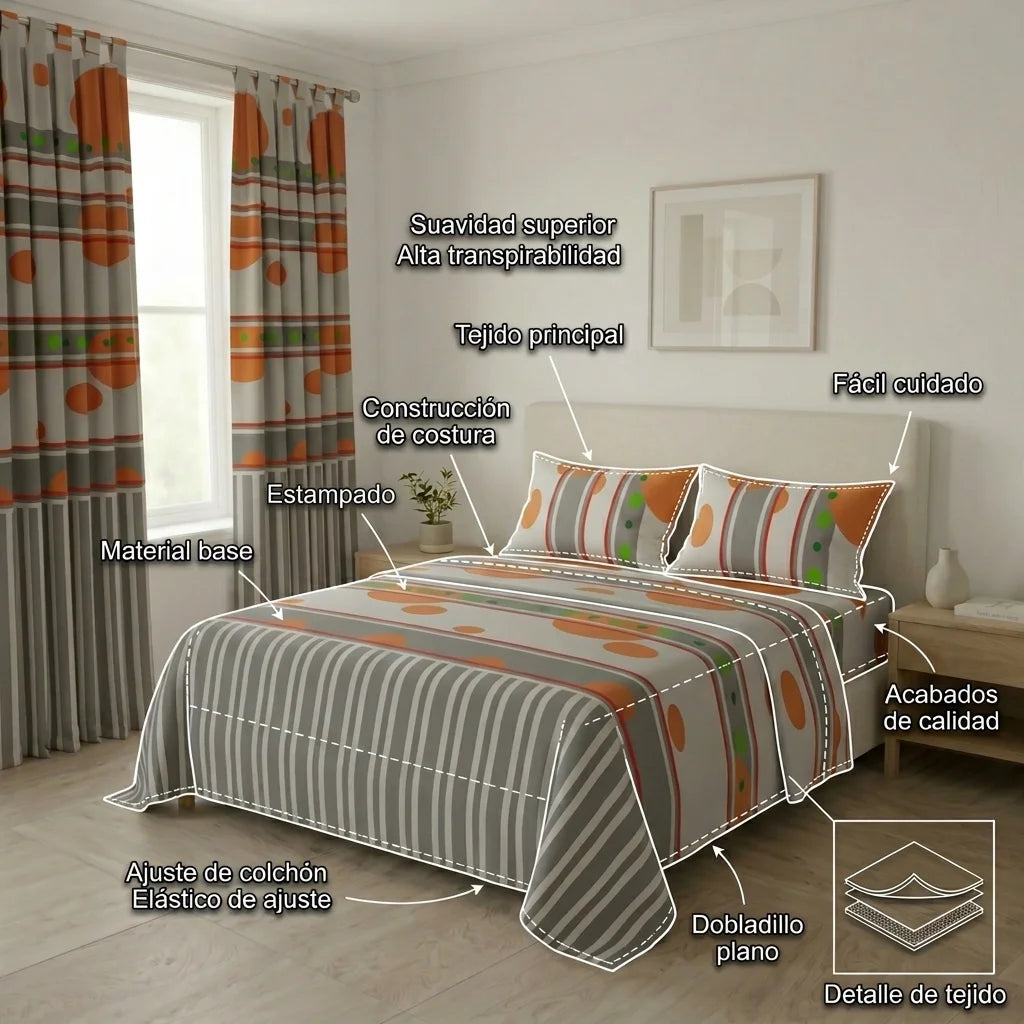Juego De Sábanas Con Cortinas  Esfera Naranja