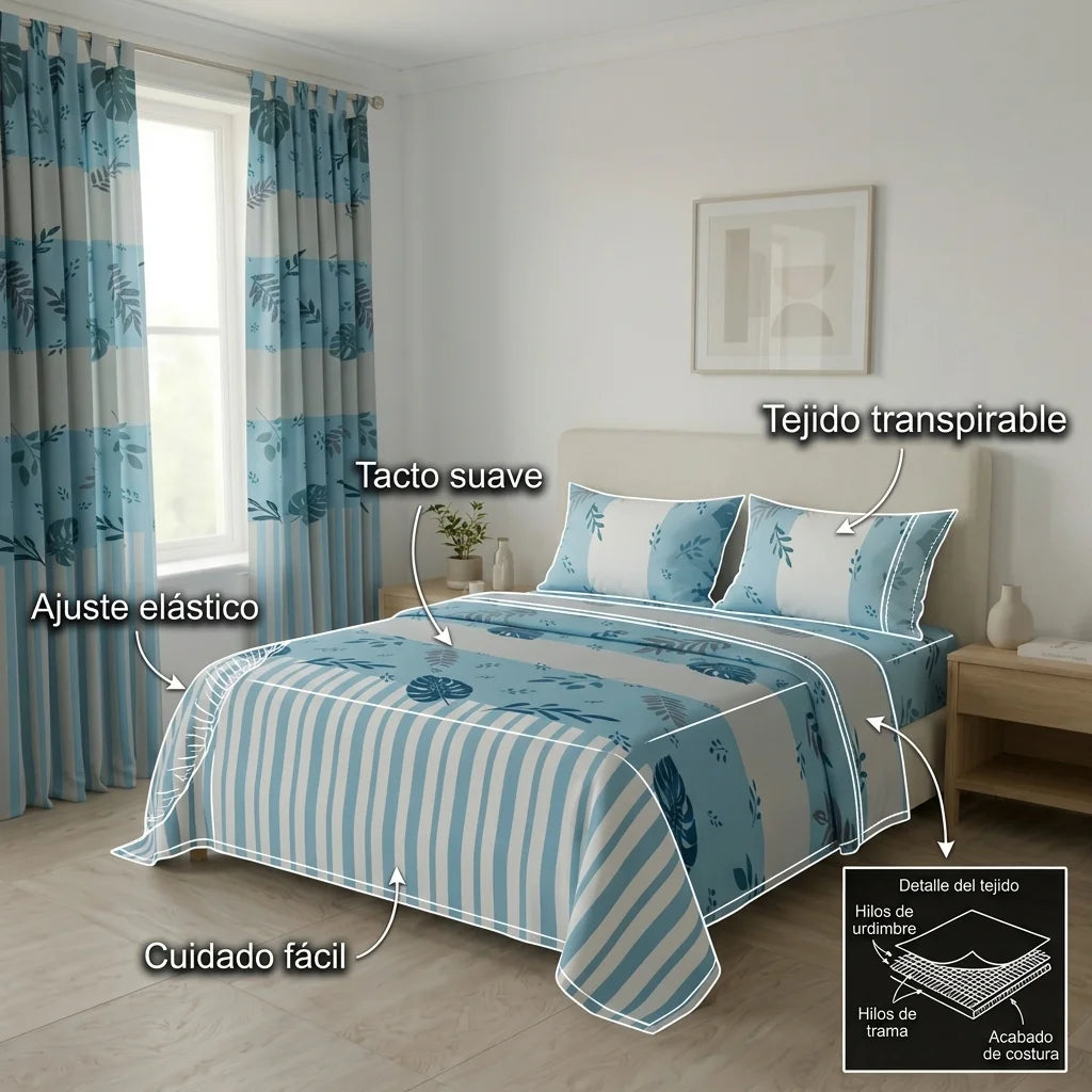 Juego De Sábanas Con Cortinas Avoria Salvaje Azul