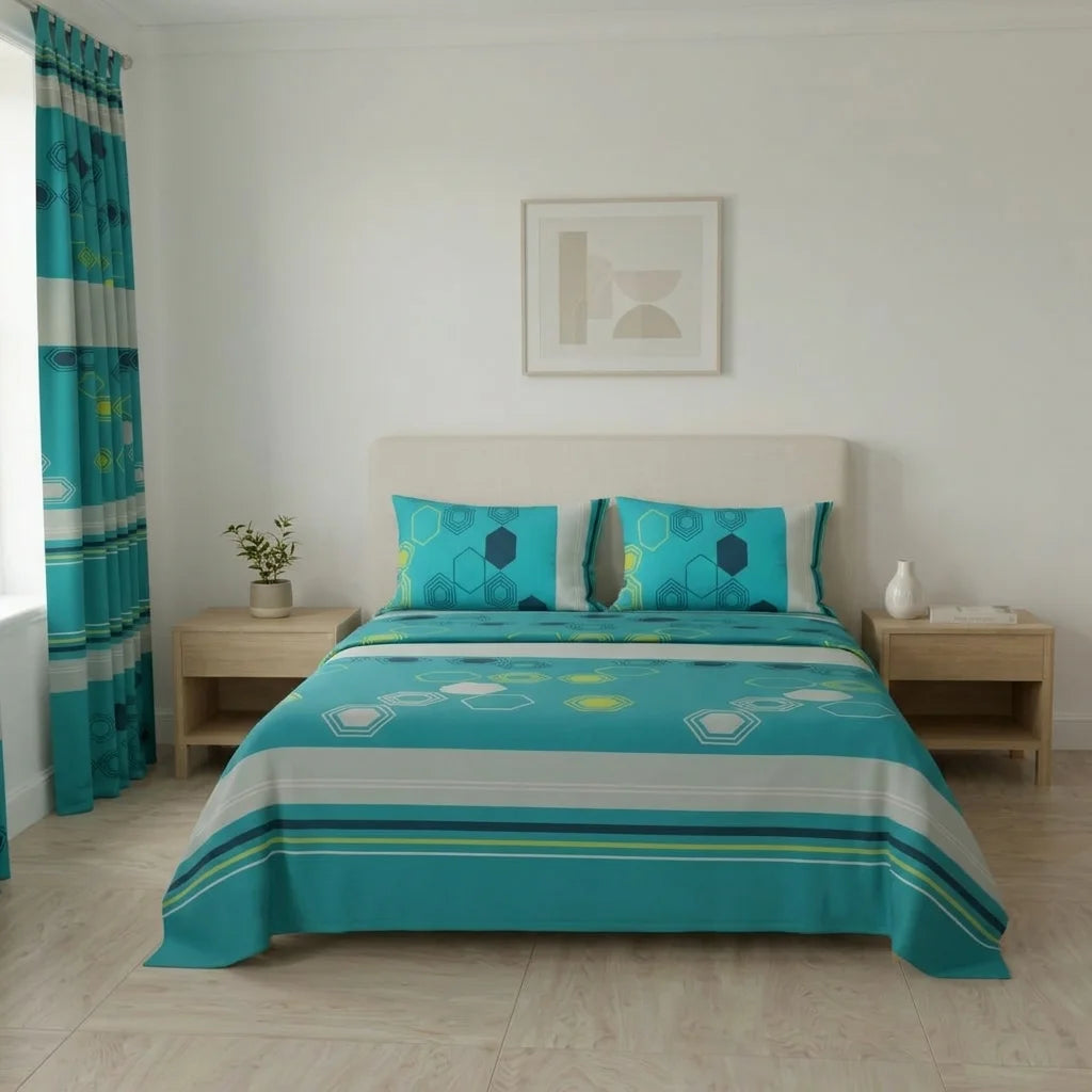Juego De Sábanas Con Cortinas Pixel Grid Azul