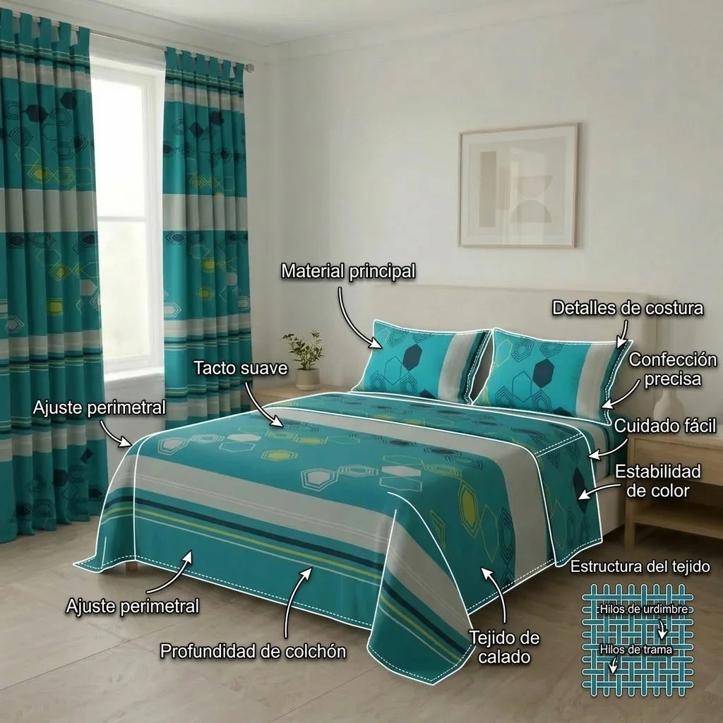 Juego De Sábanas Con Cortinas Pixel Grid Azul