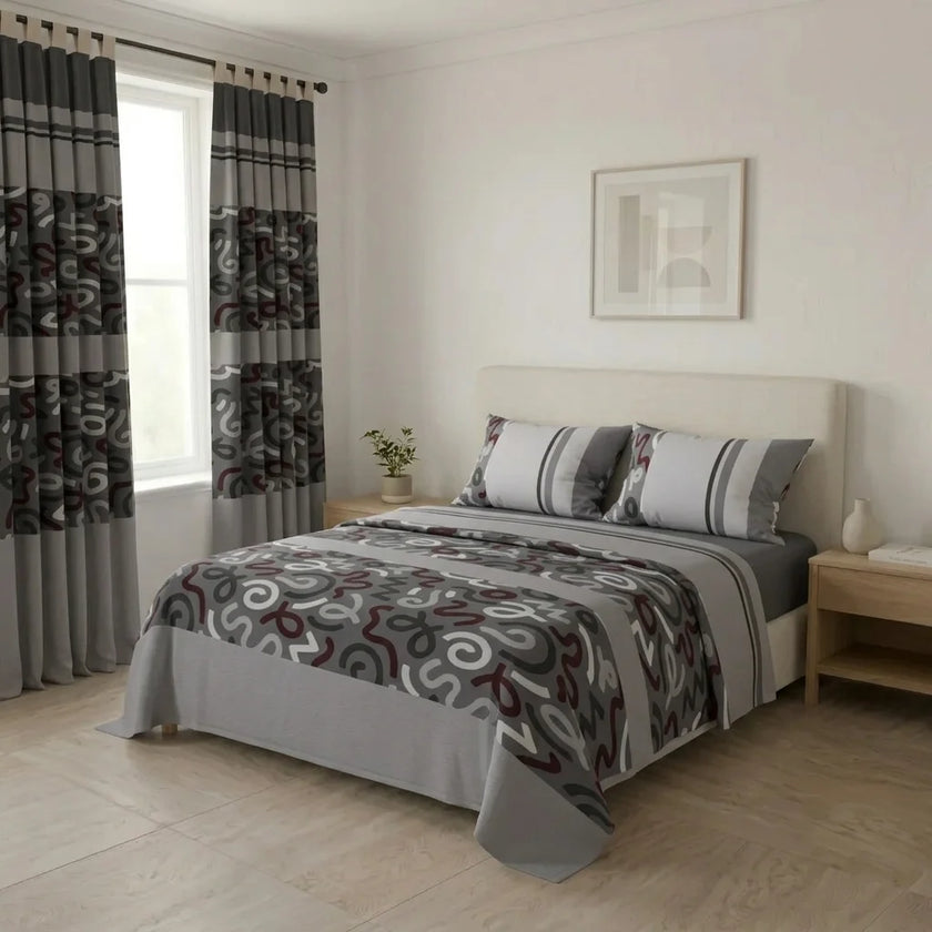 Juego De Sábanas Con Cortinas Neo Trazo Gris